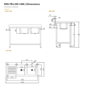 Borrelli Stainless Steel Double Bowl Sink Left Hand Drainer - 1400mm — dimension chart with front, side and top views in millimetres