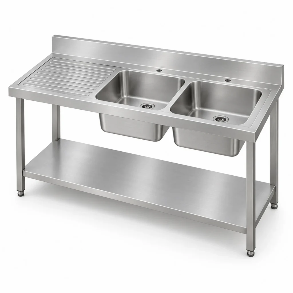 Borrelli SSS-TB-LHD-1400 1400mm double bowl stainless steel sink with left-hand drainer — three quarter view
