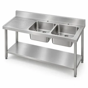 Borrelli SSS-TB-LHD-1400 1400mm double bowl stainless steel sink with left-hand drainer — three quarter view