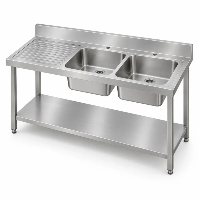 Borrelli SSS-TB-LHD-1400 1400mm double bowl stainless steel sink with left-hand drainer — three quarter view