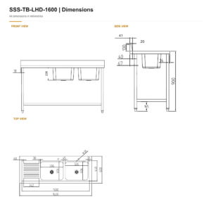 Borrelli Stainless Steel Double Bowl Sink Left Hand Drainer - 1600mm — dimension chart with front, side and top views in millimetres