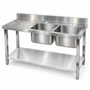 Borrelli SSS-TB-LHD-1600 double bowl stainless steel sink with left-hand drainer — three-quarter view