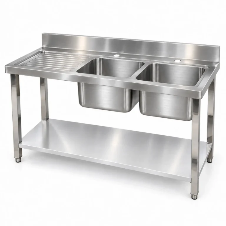 Borrelli SSS-TB-LHD-1600 double bowl stainless steel sink with left-hand drainer — three-quarter view