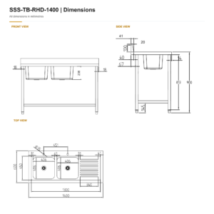Borrelli Stainless Steel Double Bowl Sink Right Hand Drainer - 1400mm — dimension chart with front, side and top views in millimetres