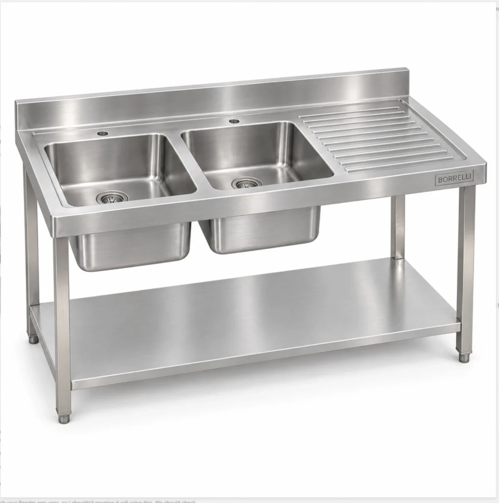Borrelli SSS-TB-RHD-1400 1400mm double bowl stainless steel sink with right-hand drainer — three quarter view