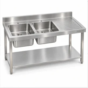 Borrelli SSS-TB-RHD-1400 1400mm double bowl stainless steel sink with right-hand drainer — three quarter view