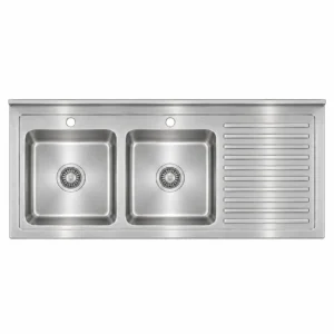 Borrelli SSS-TB-RHD-1400 1400mm double bowl stainless steel sink with right-hand drainer — top down view