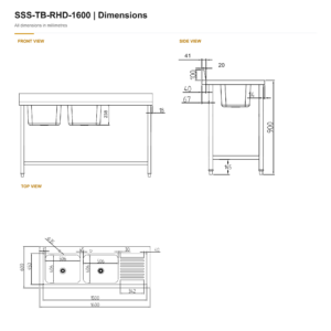 Borrelli Stainless Steel Double Bowl Sink 1600mm - Right Hand Drainer — dimension chart with front, side and top views in millimetres