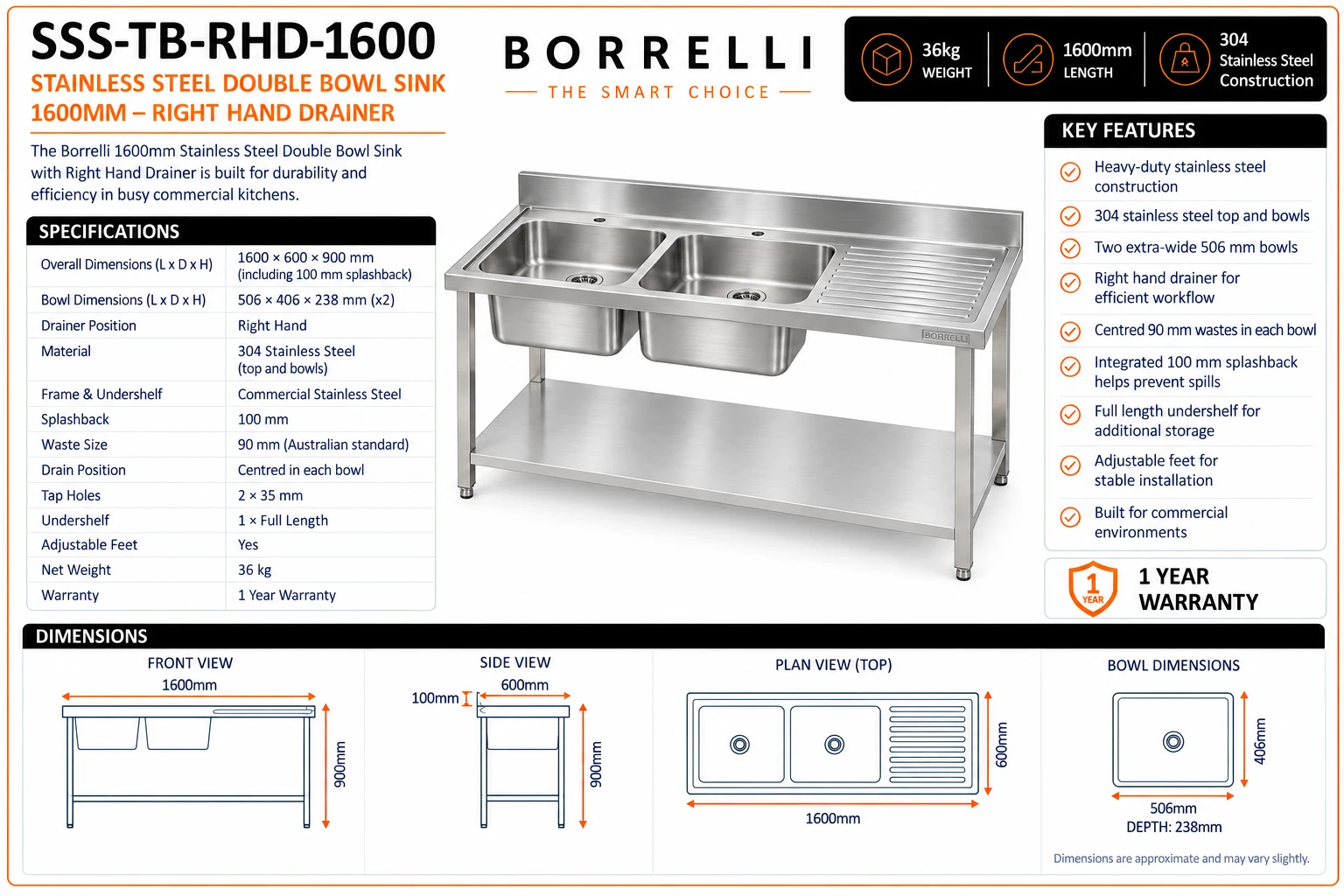 Borrelli SSS-TB-RHD-1600 technical specification sheet with dimensions, materials and key features