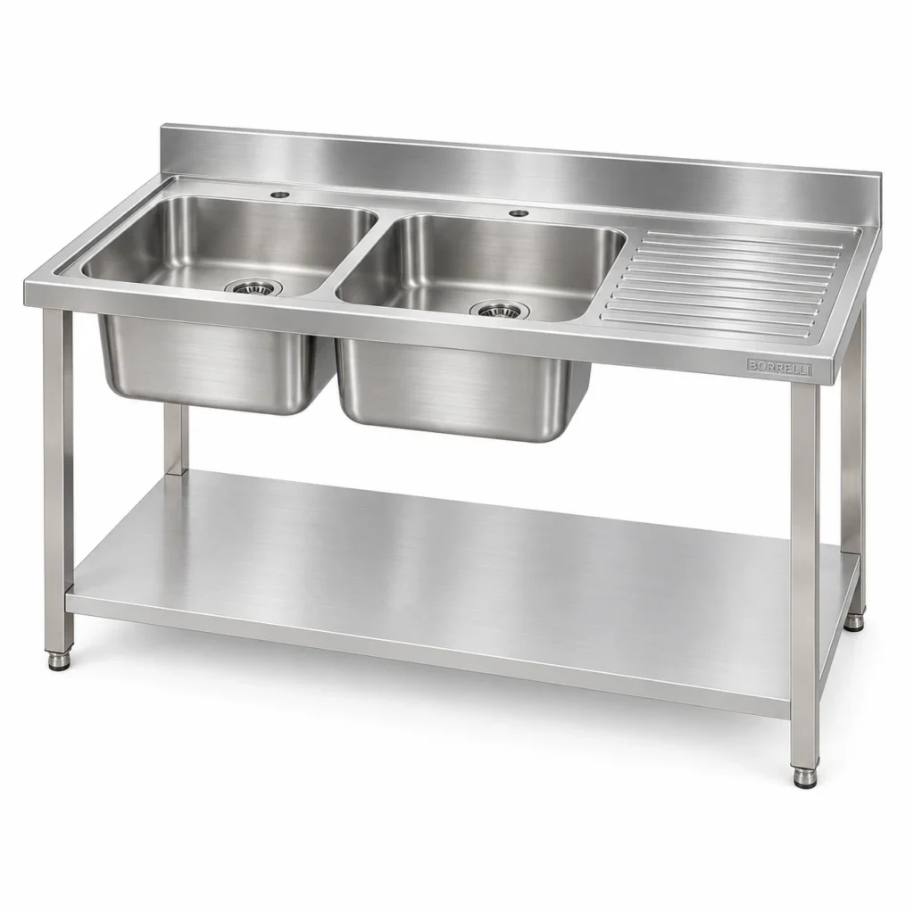 Borrelli SSS-TB-RHD-1600 double bowl stainless steel sink with right-hand drainer — three-quarter view