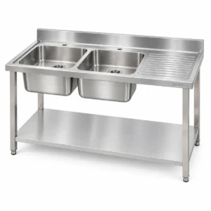 Borrelli SSS-TB-RHD-1600 double bowl stainless steel sink with right-hand drainer — three-quarter view