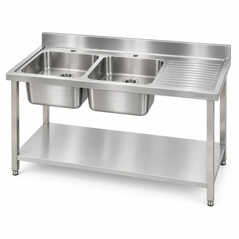 Borrelli SSS-TB-RHD-1600 double bowl stainless steel sink with right-hand drainer — three-quarter view