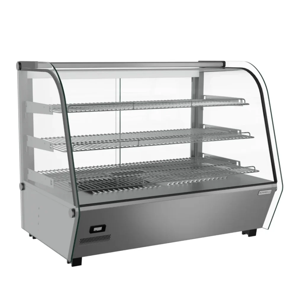 Borrelli 160Ltr Commercial Heated Countertop Display Merchandiser with Curved Glass - angled view