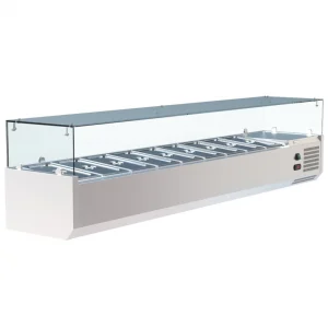 Borrelli VRX Glass Servery - 2000mm x 380mm Counter Top Prep Fridge bundled with PZ range of Prep Stations - angled view