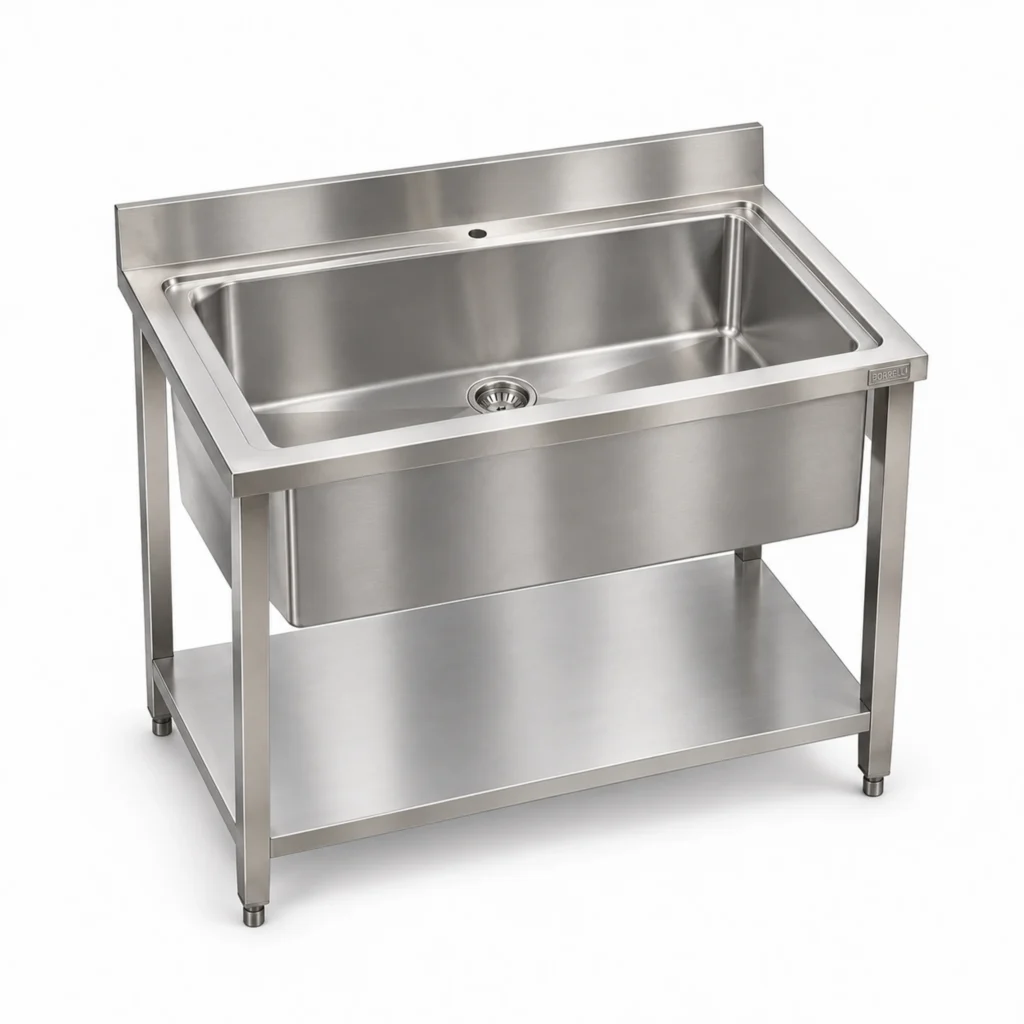 Borrelli PWS-SB-1200 single-bowl pot wash sink — three-quarter view