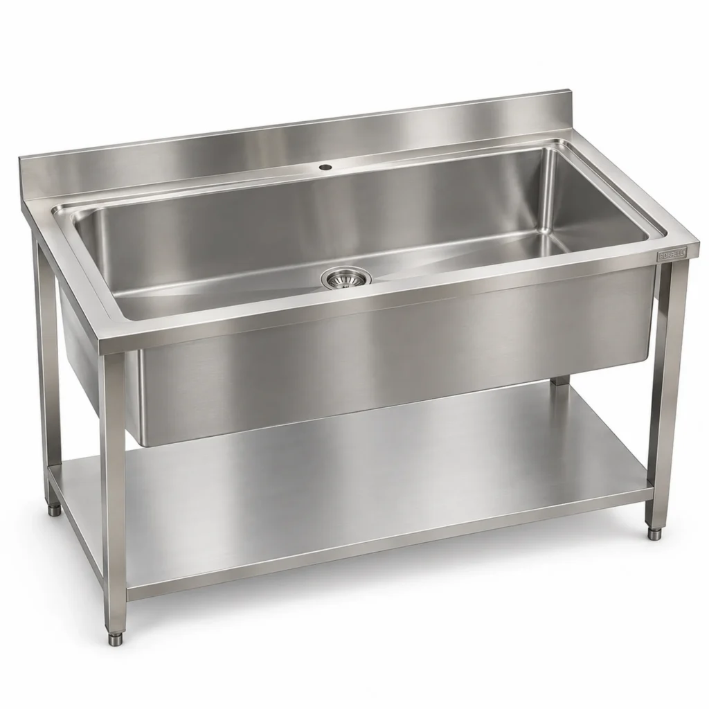 Borrelli PWS-SB-1400 single-bowl pot wash sink — three-quarter view